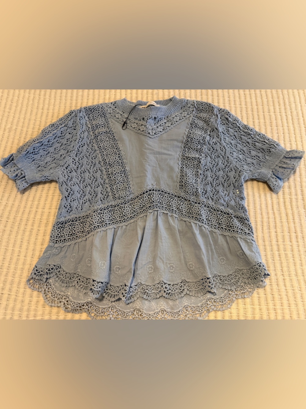 Zara Lace & Crochet Light Blue Boho Top